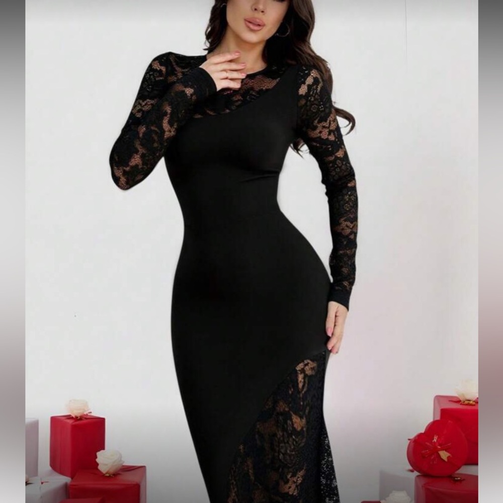 Elegant Black Lace Long Sleeve Dress - Picture 2 of 10
